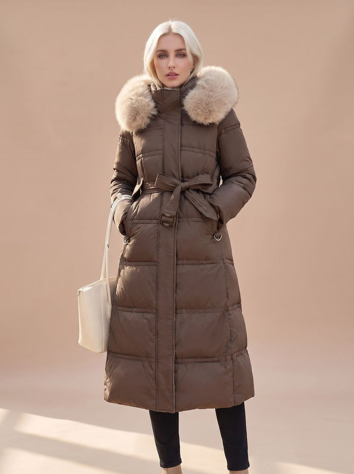 Women's Fur-Hood Quilted Long Puffer Coat - Coffee with Beige Collar