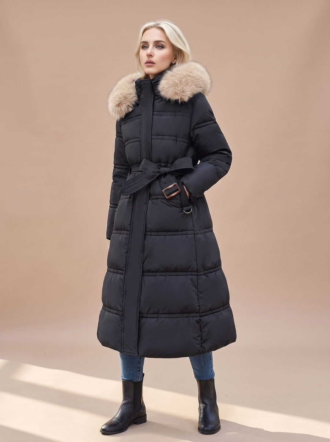 Women's Fur-Hood Quilted Long Puffer Coat - Black with Beige Collar