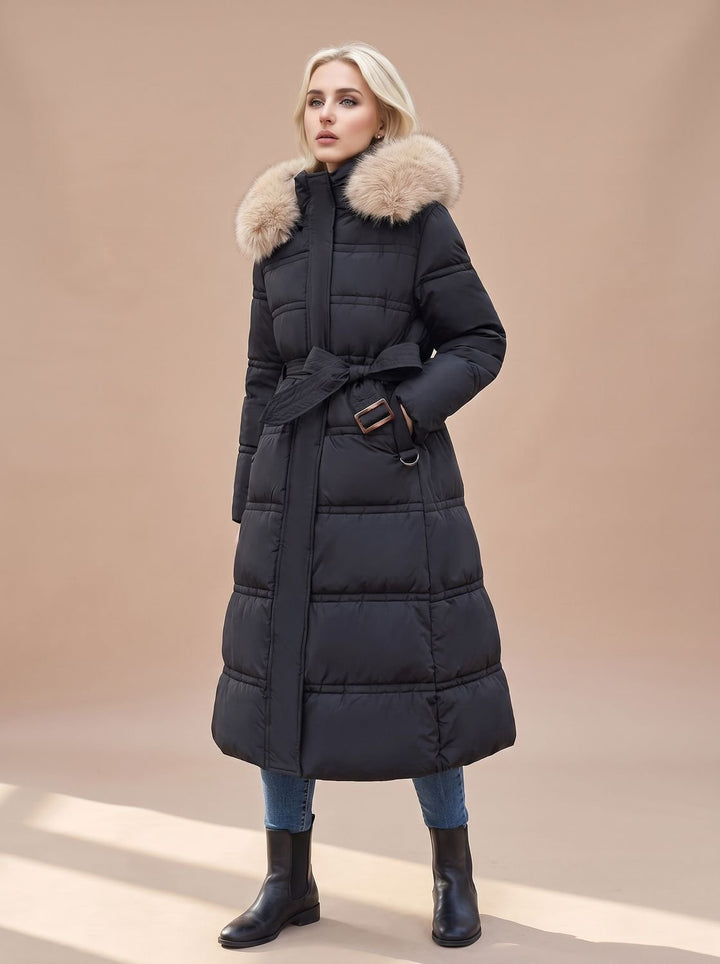 Women's Fur-Hood Quilted Long Puffer Coat - Black with Beige Collar