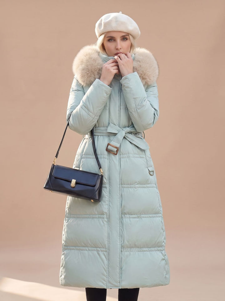 Women's Fur-Hood Quilted Long Puffer Coat - Blue with Beige Collar