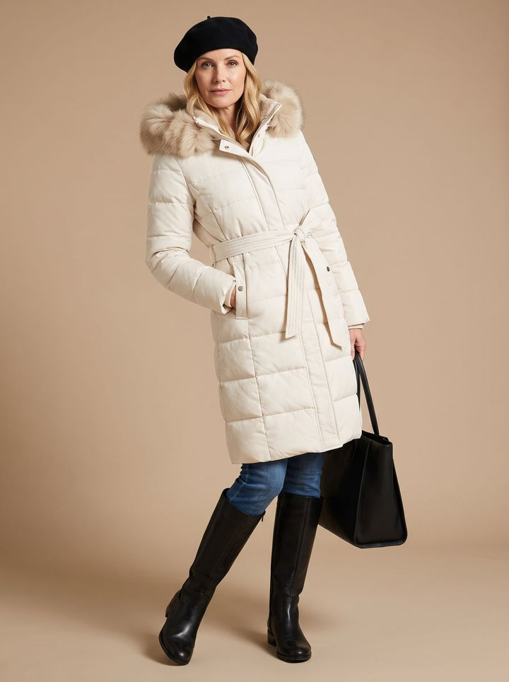 Women's Fur-Hood Quilted Long Puffer Coat - White with Beige Collar