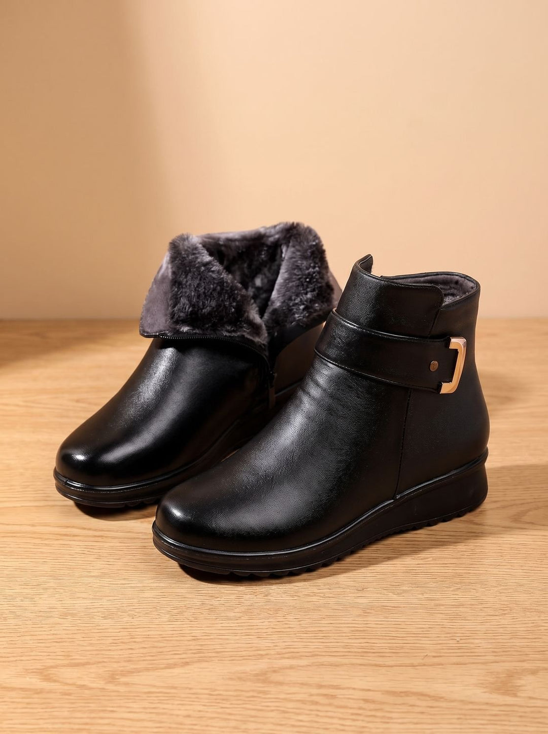 Women's Fur-Lined Orthopedic Wedge Ankle Boots Black - Black