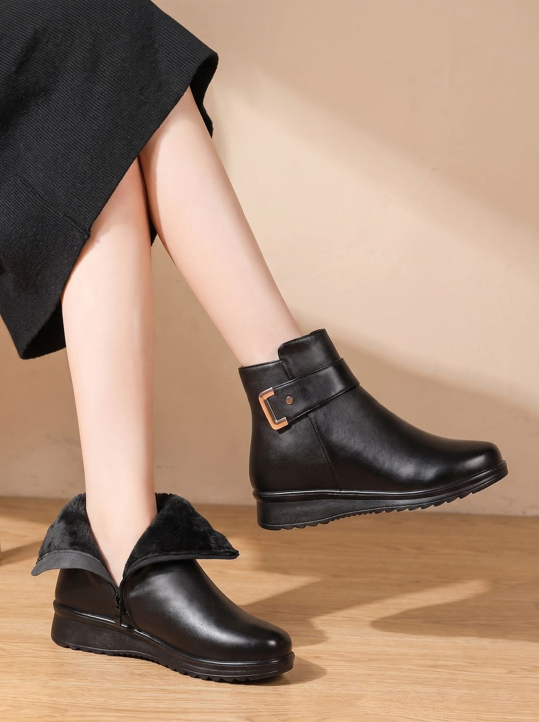Women's Fur-Lined Orthopedic Wedge Ankle Boots Black