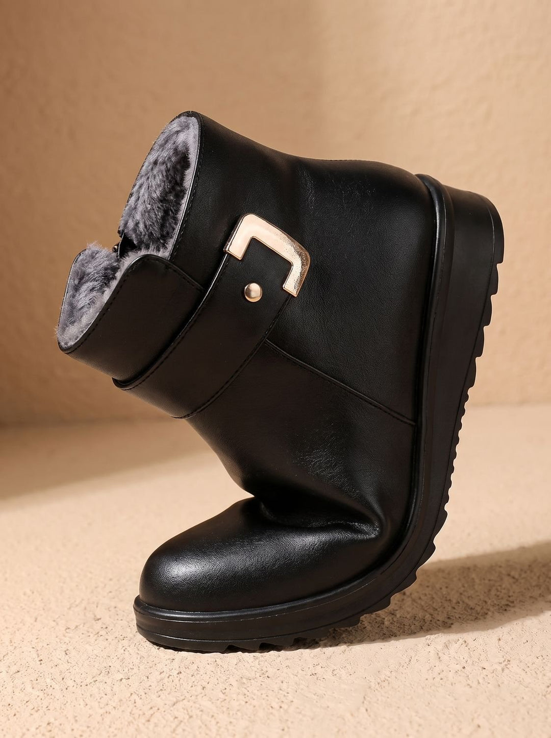 Women's Fur-Lined Orthopedic Wedge Ankle Boots Black
