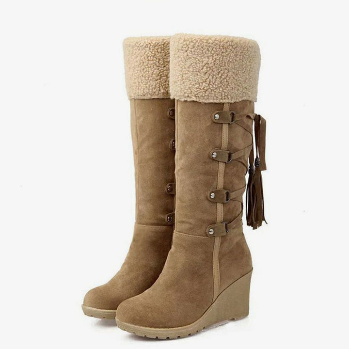 Women's Fur-Trim Wedge Heel Knee-High Winter Boots - Brown