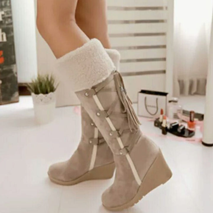 Women's Fur-Trim Wedge Heel Knee-High Winter Boots - Beige