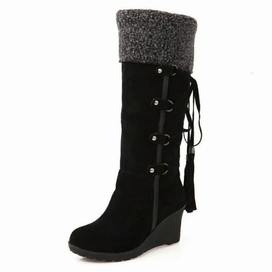 Women's Fur-Trim Wedge Heel Knee-High Winter Boots - Black