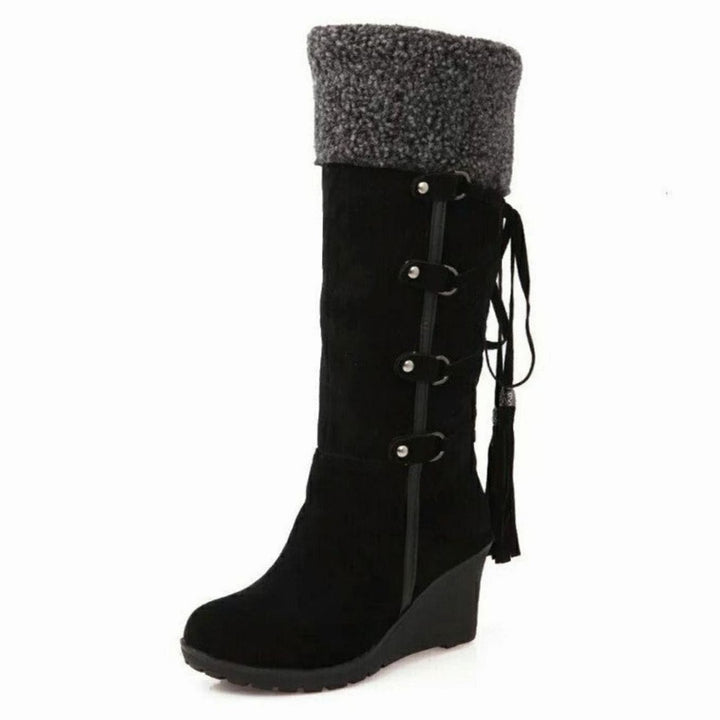 Women's Fur-Trim Wedge Heel Knee-High Winter Boots - Black