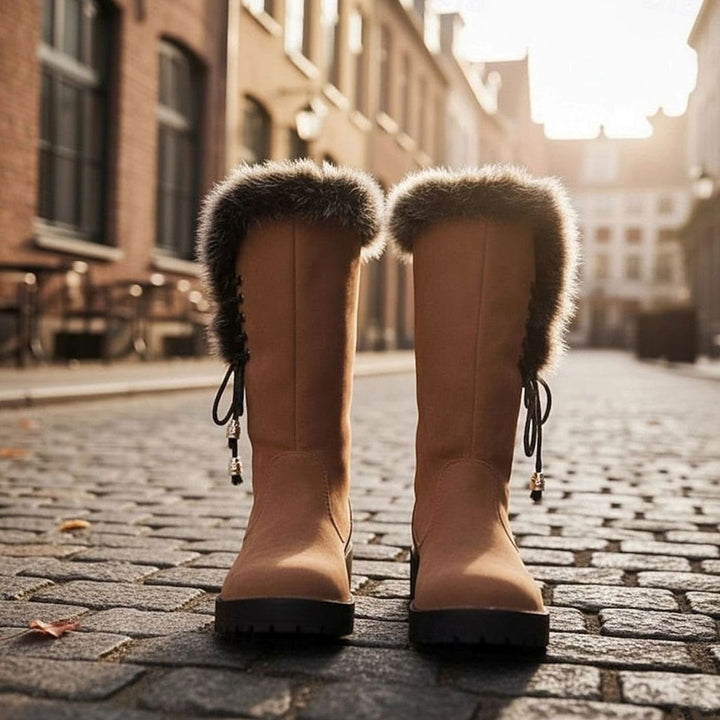 Women's Fur-Trimmed Knee-High Snow Boots Low Block Heel