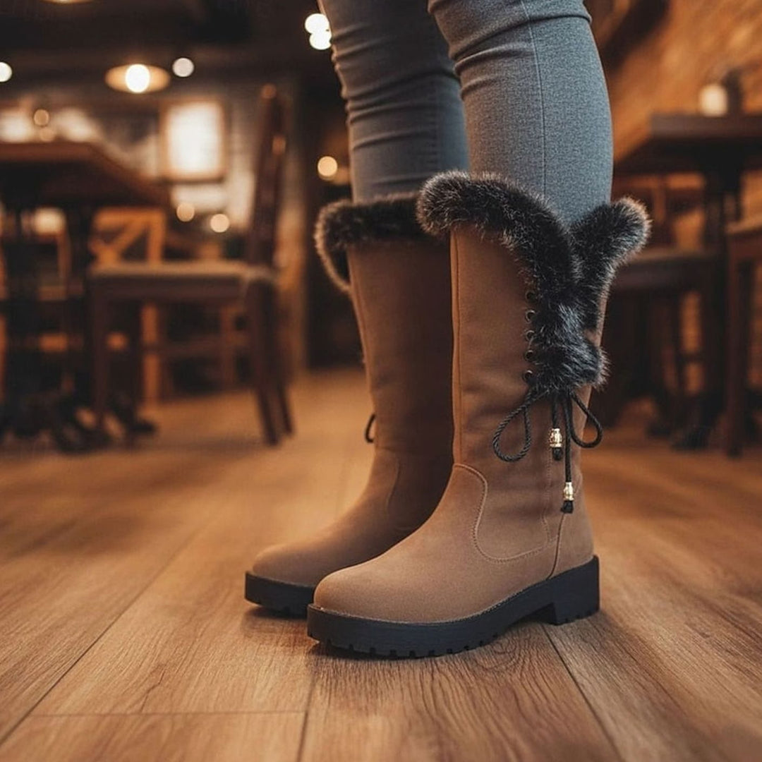 Women's Fur-Trimmed Knee-High Snow Boots Low Block Heel