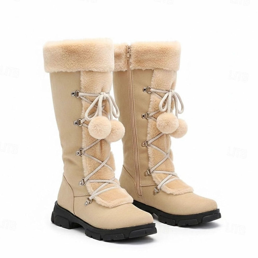 Women's Fur-Trimmed Lace-Up Mid-Calf Snow Boots - Beige