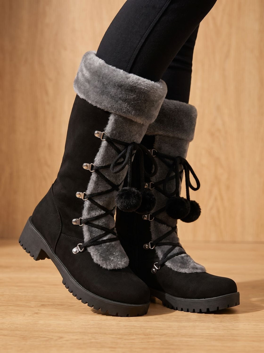 Women's Fur-Trimmed Lace-Up Mid-Calf Snow Boots, Black - Black