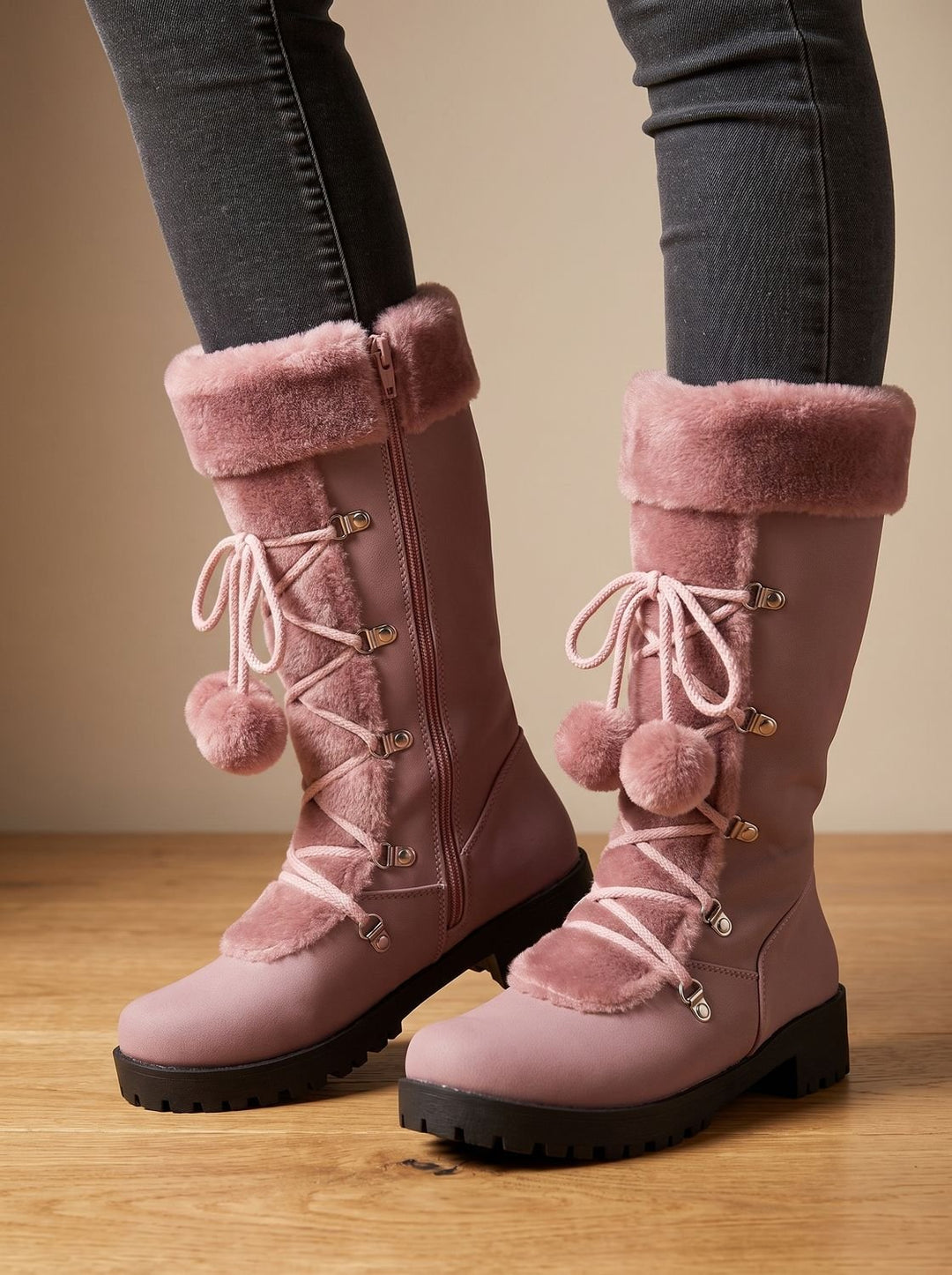 Women's Fur-Trimmed Lace-Up Mid-Calf Snow Boots, Black - Purple