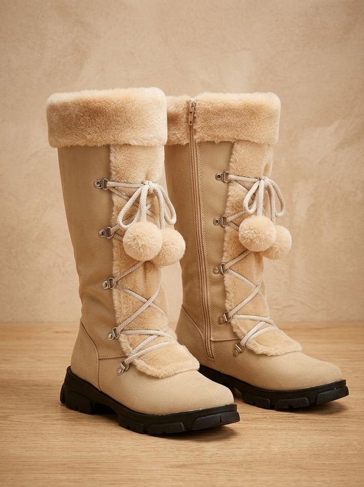 Women's Fur-Trimmed Lace-Up Mid-Calf Snow Boots, Black - Beige