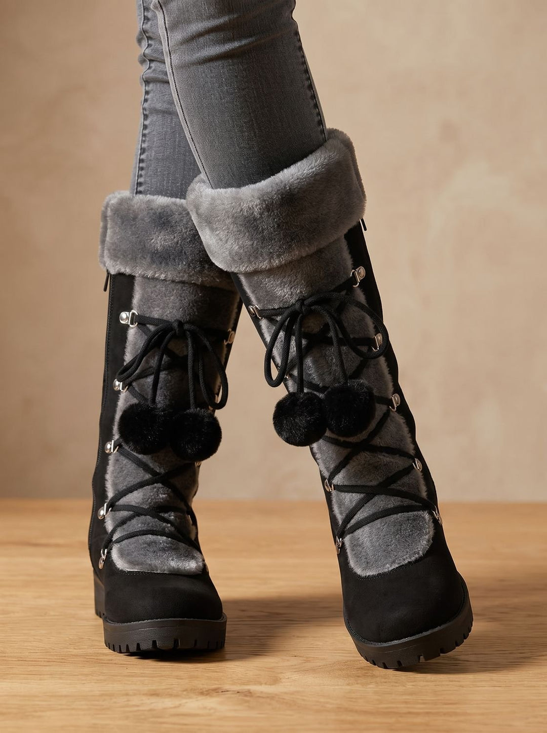 Women's Fur-Trimmed Lace-Up Mid-Calf Snow Boots, Black
