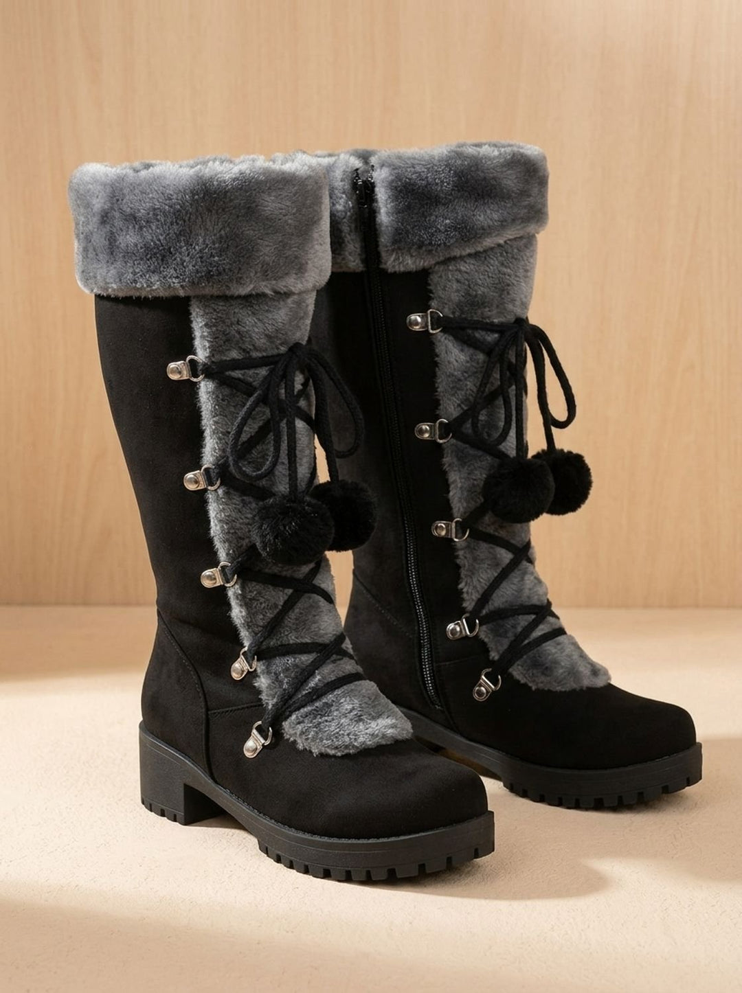 Women's Fur-Trimmed Lace-Up Mid-Calf Snow Boots, Black