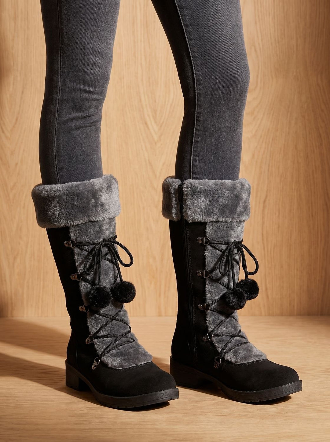 Women's Fur-Trimmed Lace-Up Mid-Calf Snow Boots, Black