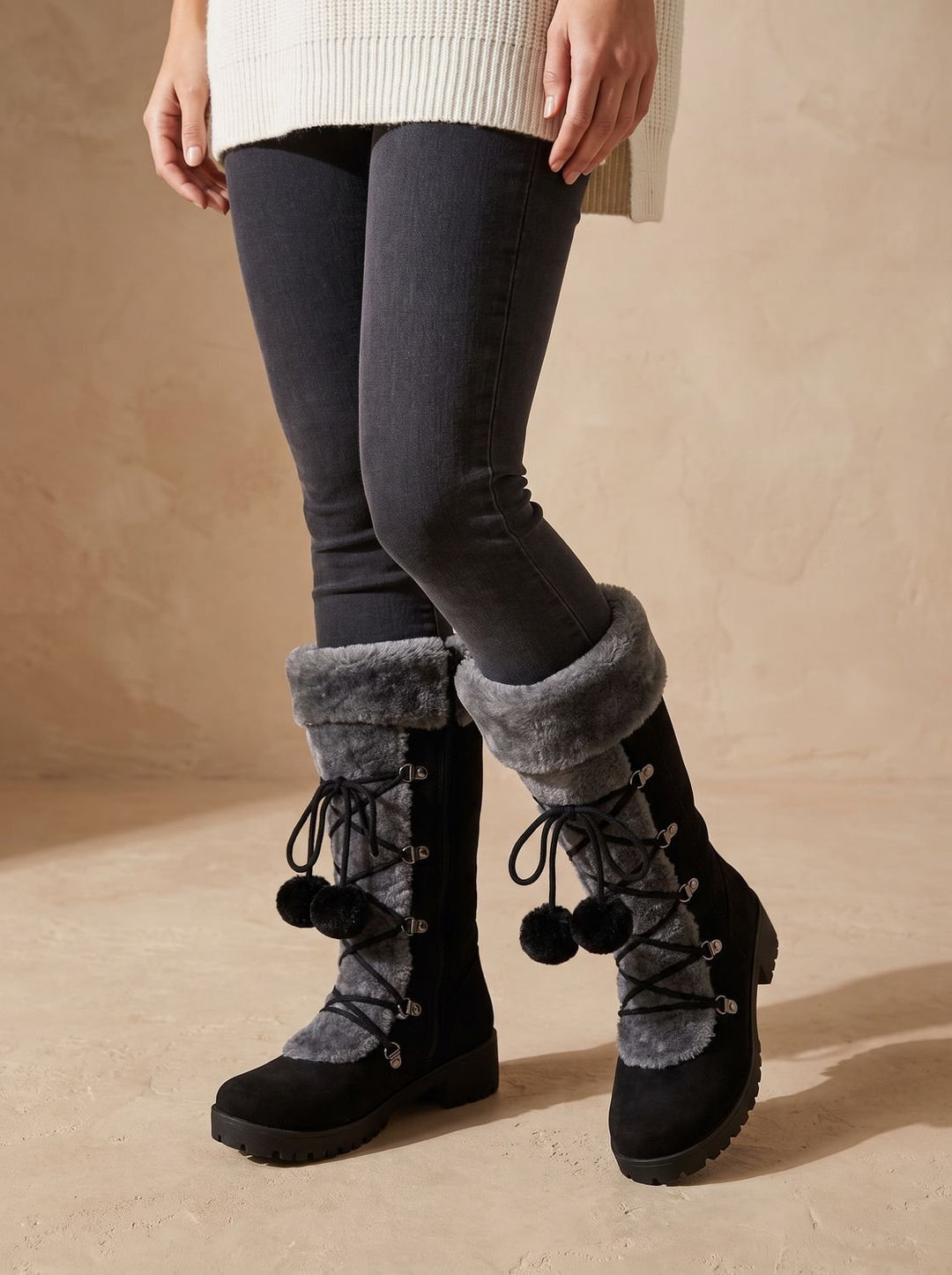 Women's Fur-Trimmed Lace-Up Mid-Calf Snow Boots, Black