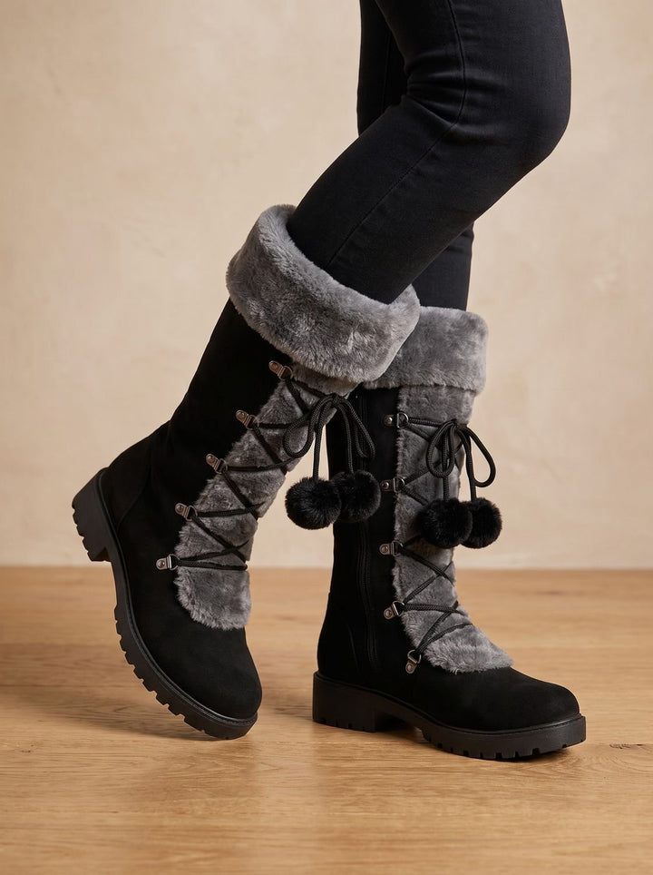 Women's Fur-Trimmed Lace-Up Mid-Calf Snow Boots, Black