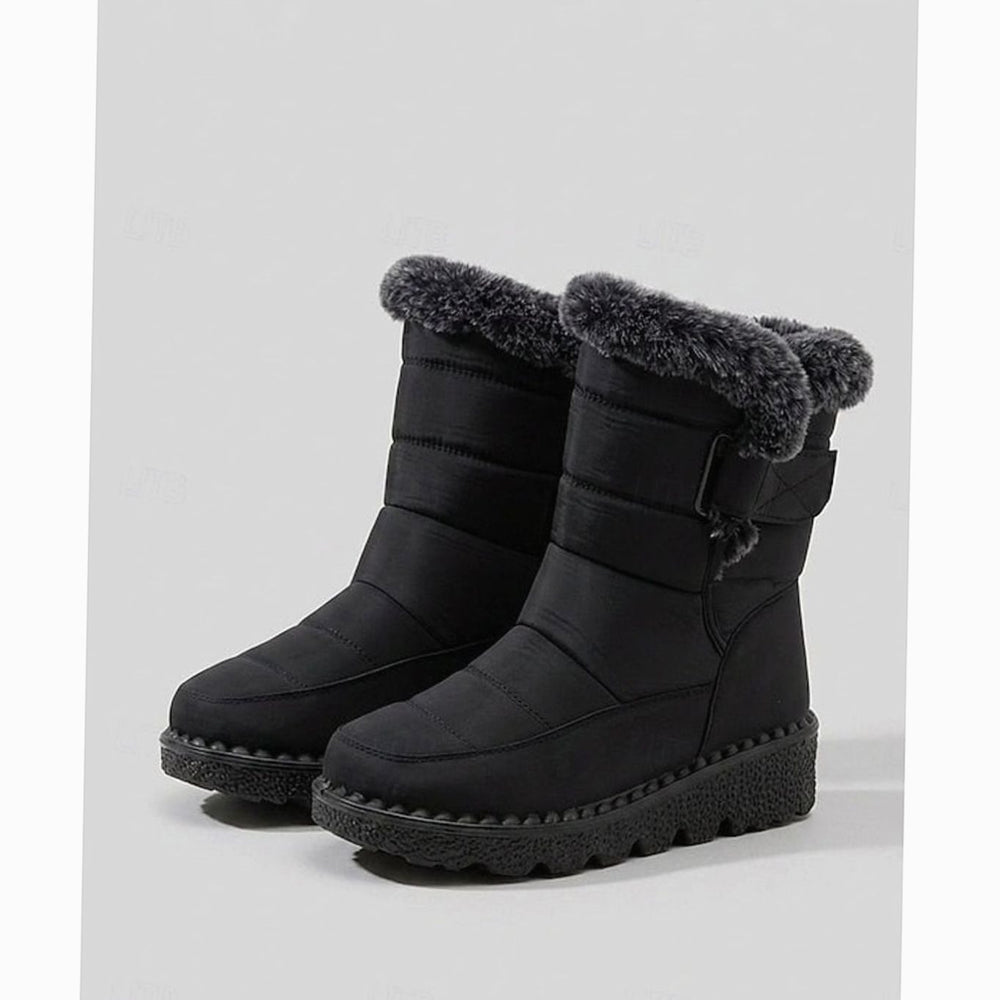Women's Fur-Trimmed Quilted Snow Boots Grip Sole - Black