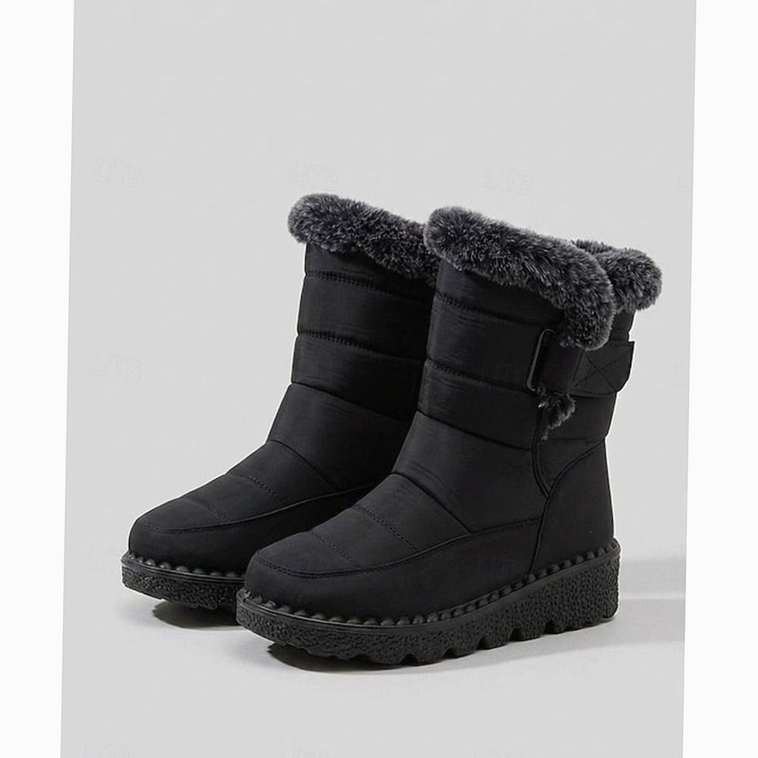 Women's Fur-Trimmed Quilted Snow Boots Grip Sole - Black
