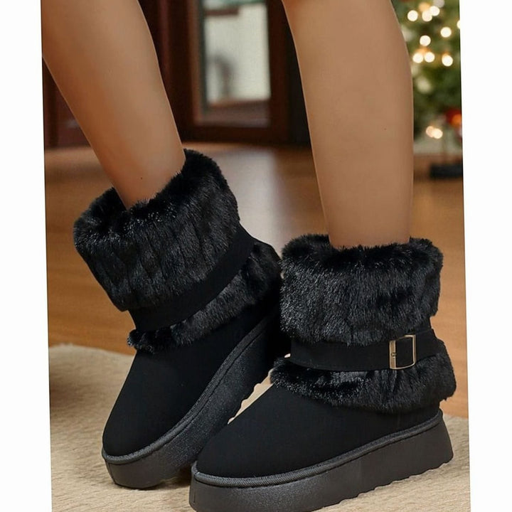 Women's Fur-Trimmed Slip-On Winter Snow Boots - Black