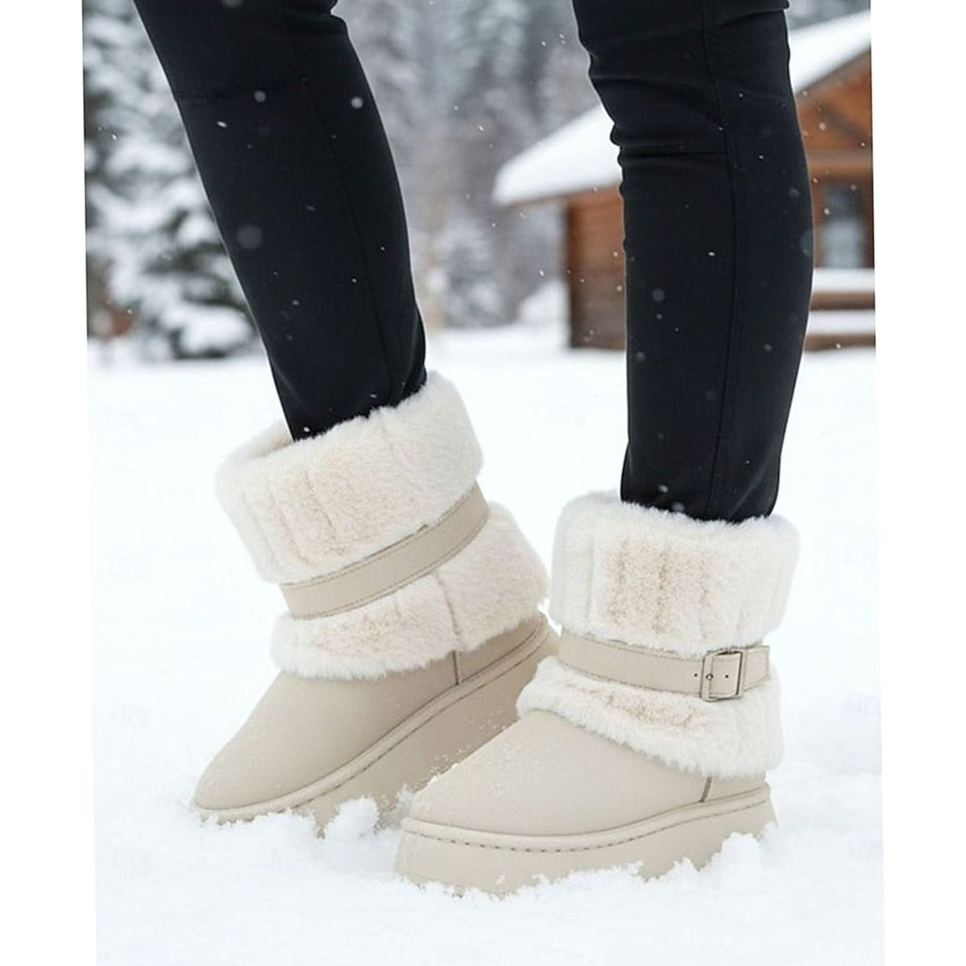 Women's Fur-Trimmed Slip-On Winter Snow Boots - Beige