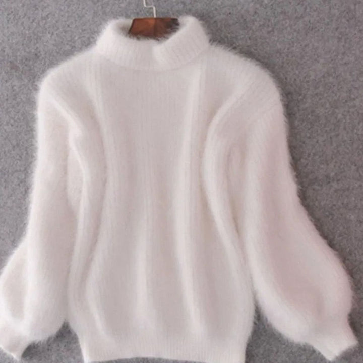Women's Fuzzy Angora Turtleneck Loose Knit Sweater - White