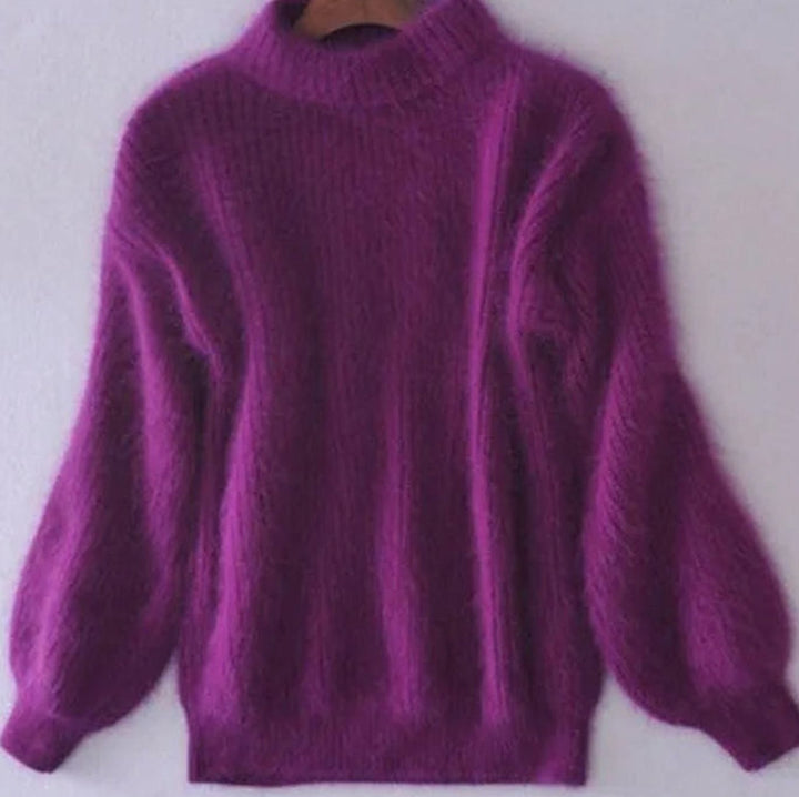 Women's Fuzzy Angora Turtleneck Loose Knit Sweater - Purple