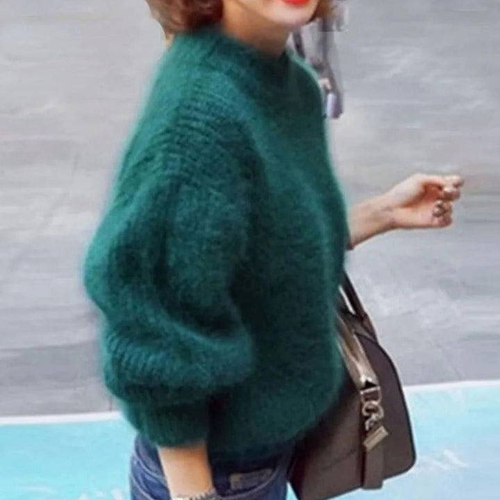 Women's Fuzzy Angora Turtleneck Loose Knit Sweater - Green