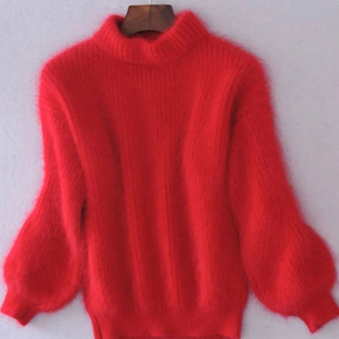 Women's Fuzzy Angora Turtleneck Loose Knit Sweater - Red