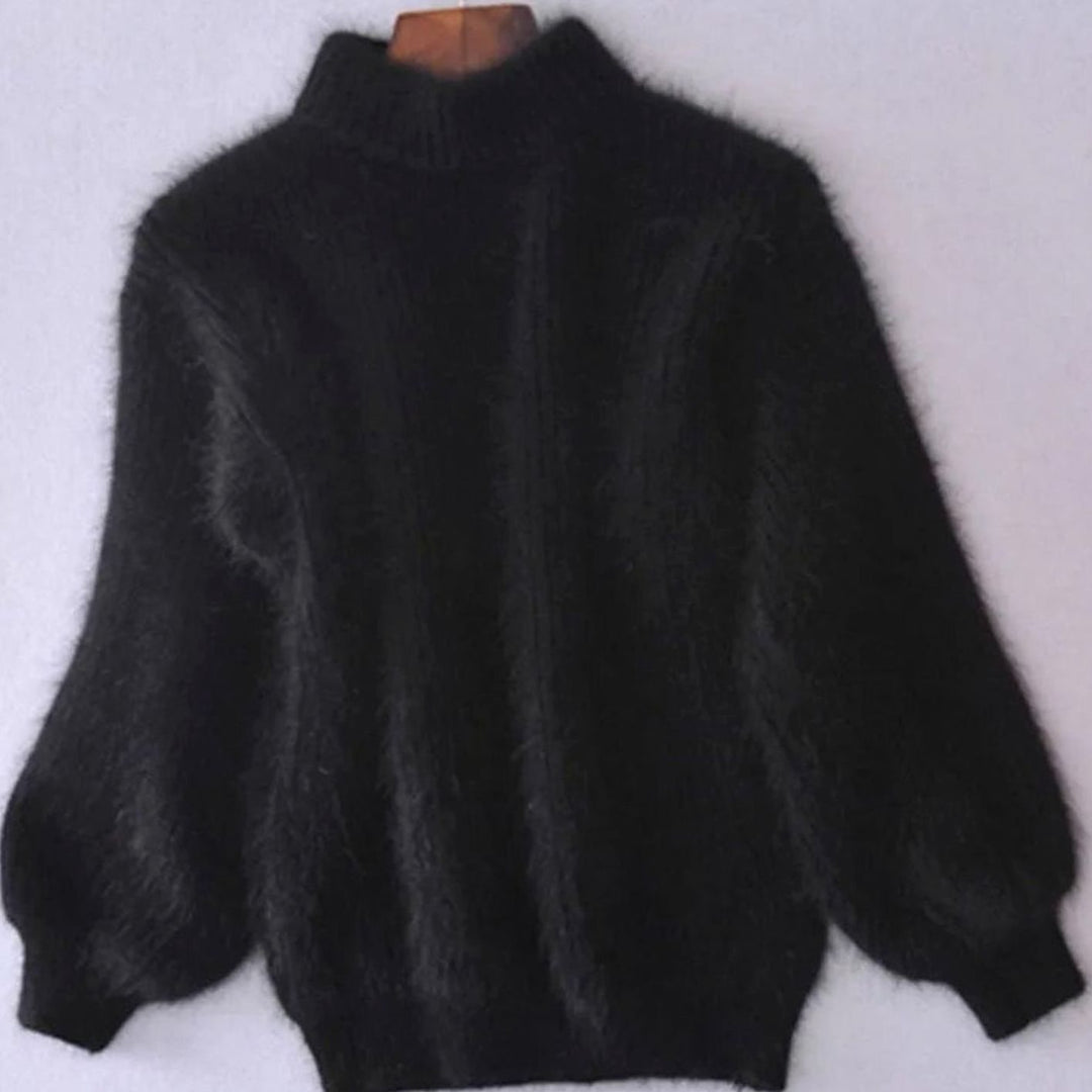 Women's Fuzzy Angora Turtleneck Loose Knit Sweater - Black
