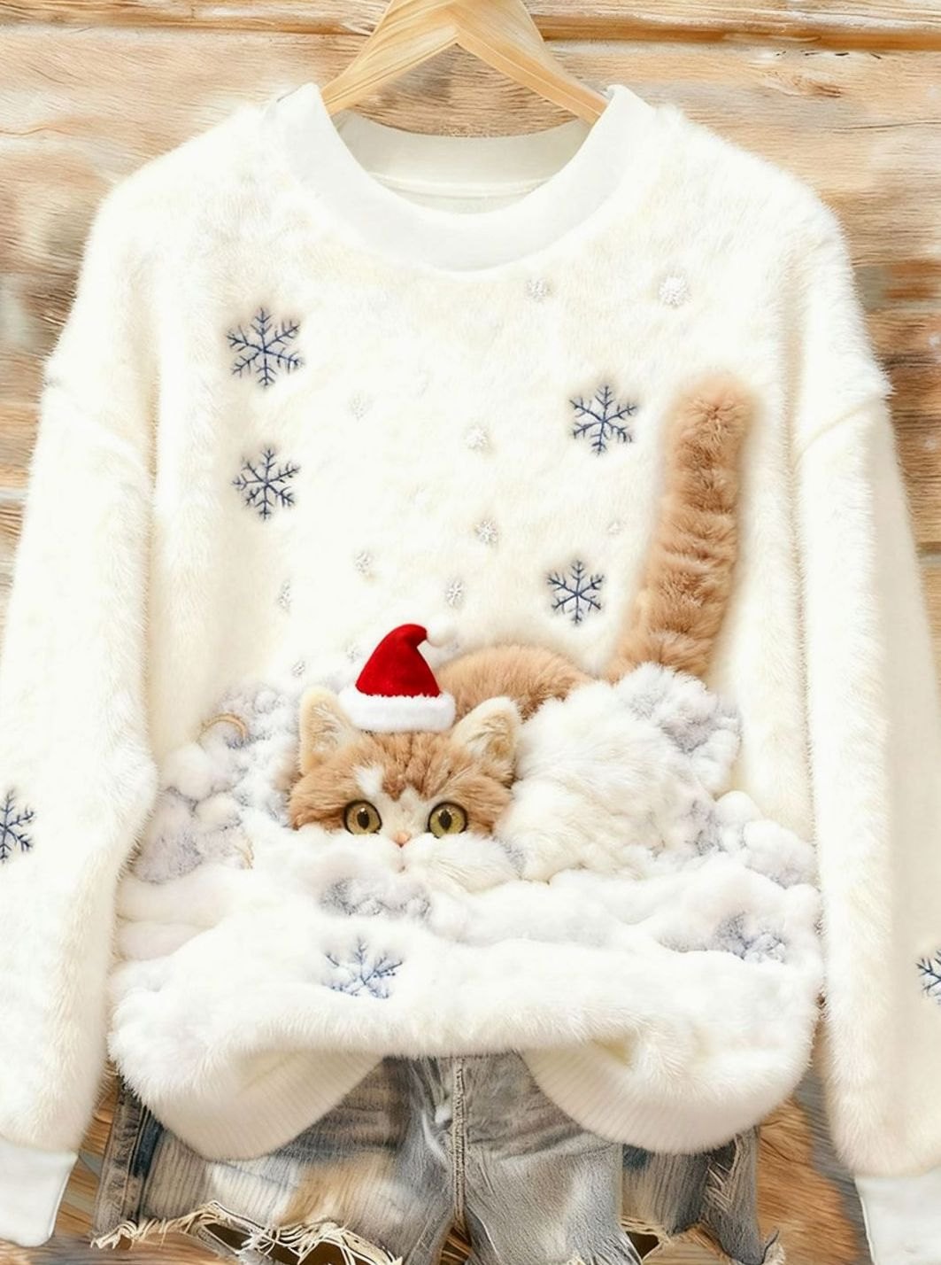 Women's Fuzzy Christmas Cat Snowflake Crewneck Sweater - White