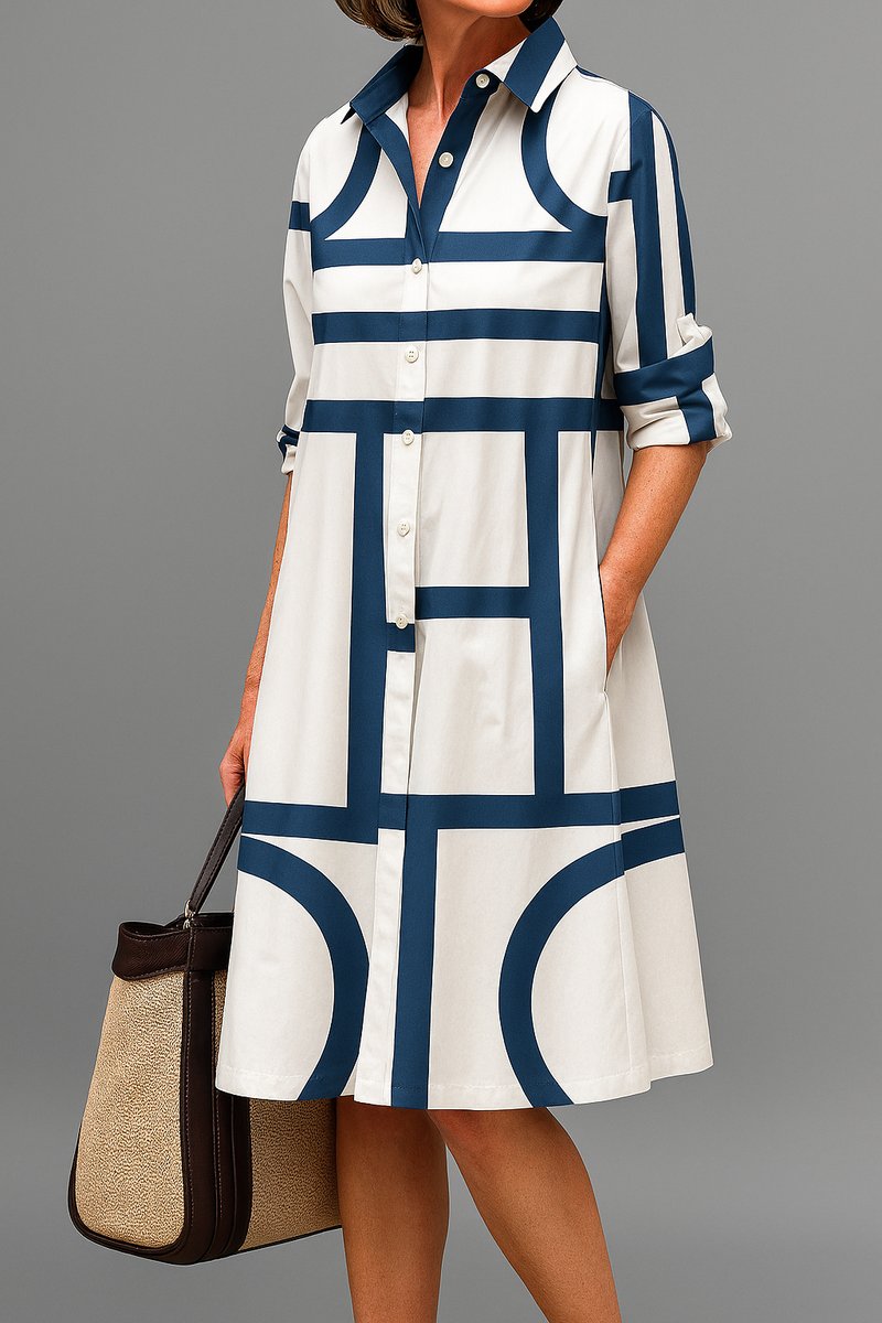 Women's Geometric Print Button-Down Cocktail Dress Midi - White Blue