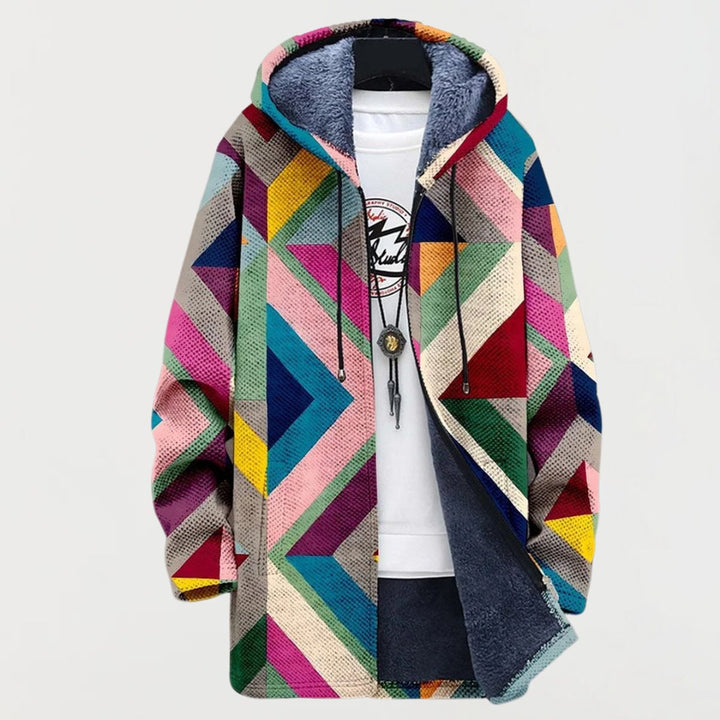 Women's Geometric Print Fleece-Lined Hooded Sweater Jacket - Multicolor