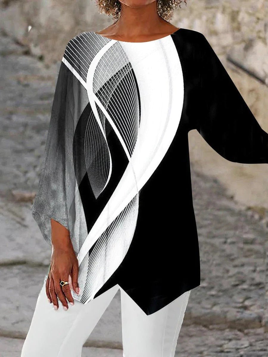 Women's Geometric Print Long-Sleeve Asymmetric Hem Tunic Top