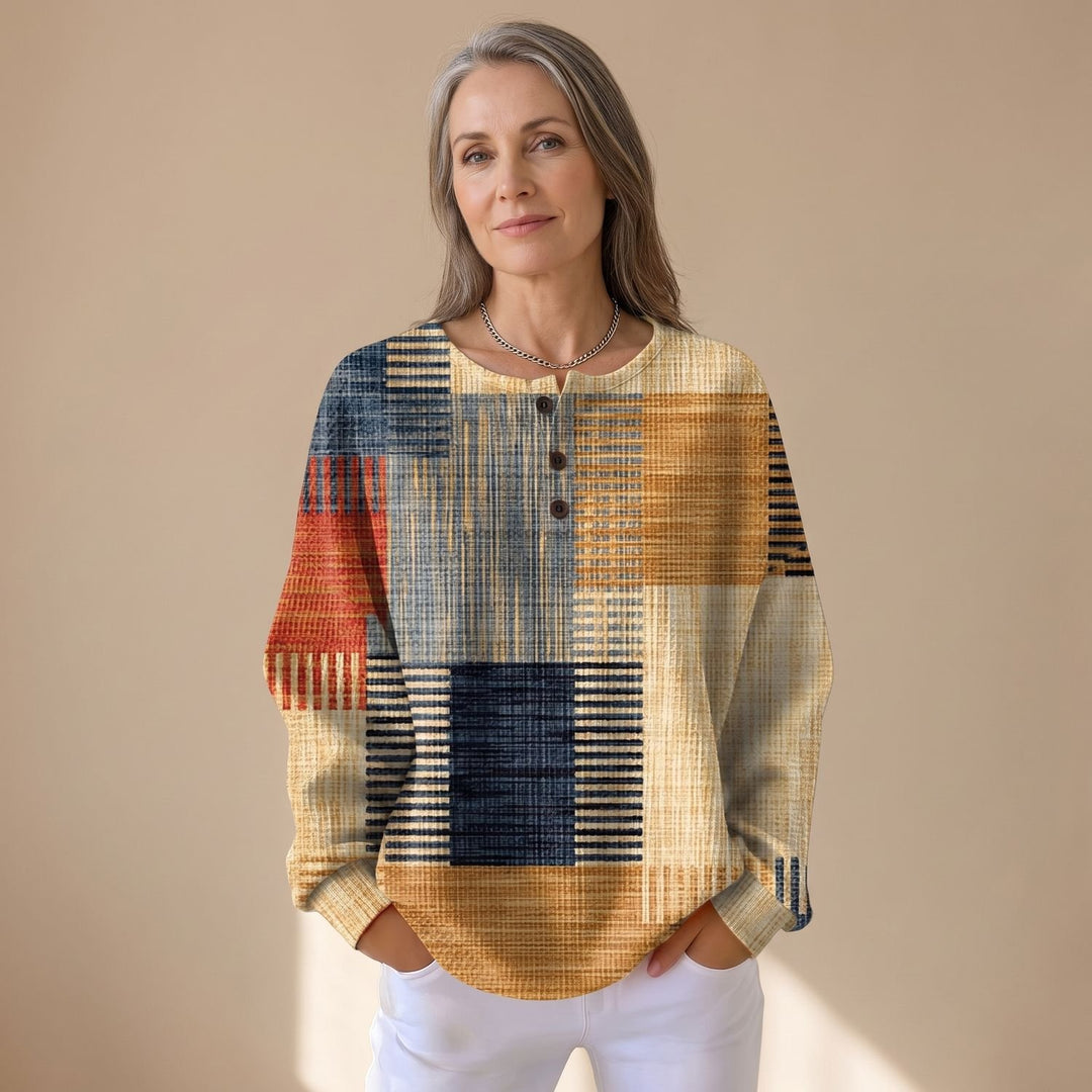 Women's Geometric Print Long-Sleeve Henley Sweatshirt - Yellow