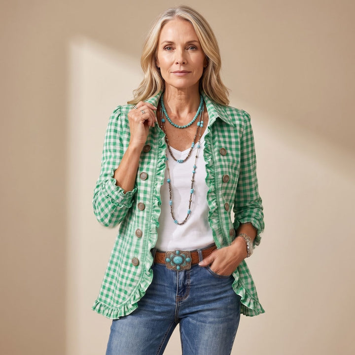 Women's Gingham Ruffle-Trim Double-Button Long-Sleeve Jacket - Green