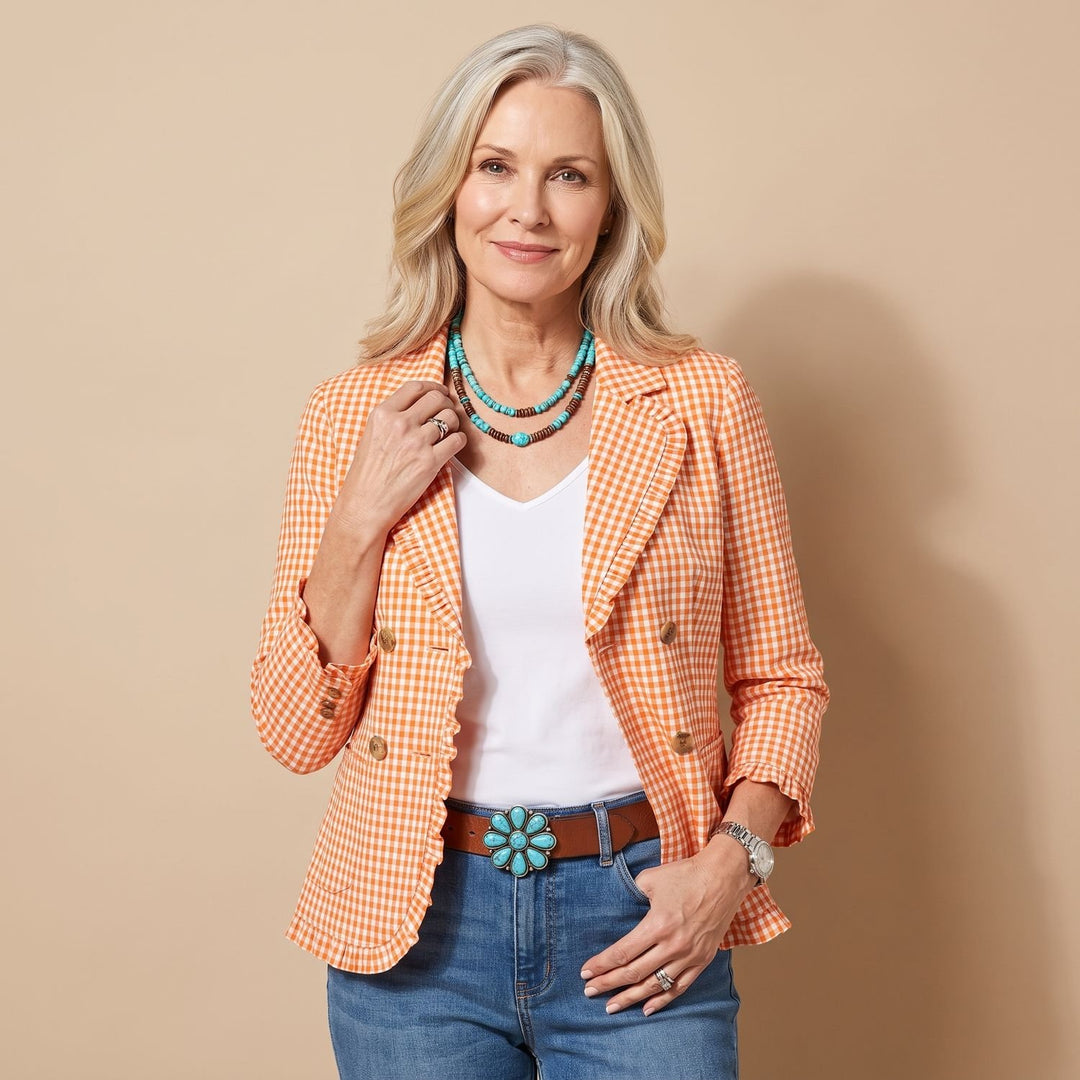 Women's Gingham Ruffle-Trim Double-Button Long-Sleeve Jacket - Orange