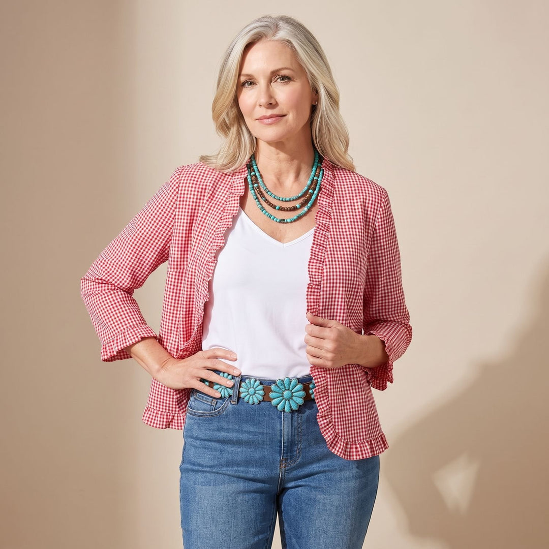 Women's Gingham Ruffle-Trim Double-Button Long-Sleeve Jacket - Red