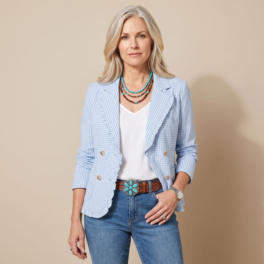 Women's Gingham Ruffle-Trim Double-Button Long-Sleeve Jacket