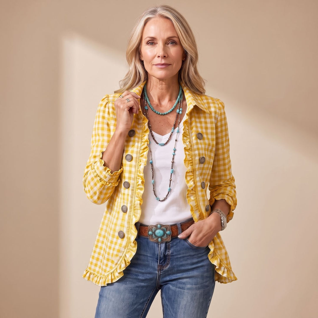 Women's Gingham Ruffle-Trim Double-Button Long-Sleeve Jacket - Yellow