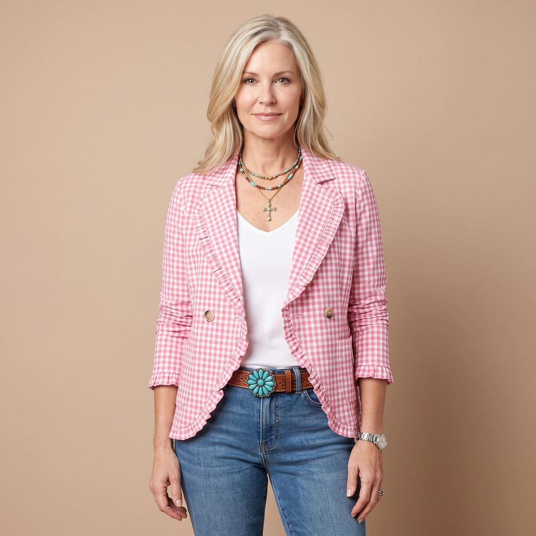 Women's Gingham Ruffle-Trim Double-Button Long-Sleeve Jacket - Pink