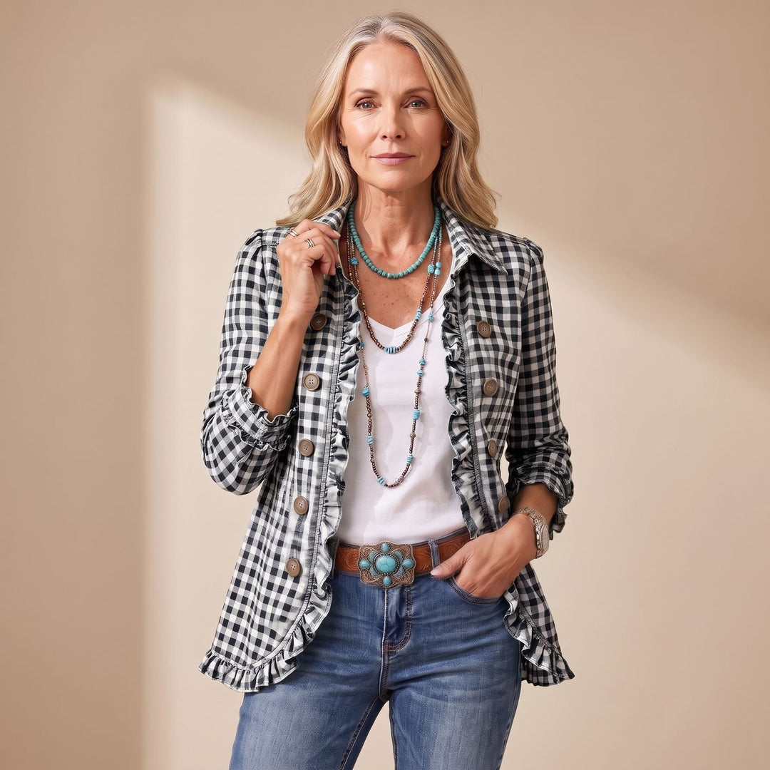 Women's Gingham Ruffle-Trim Double-Button Long-Sleeve Jacket - Black