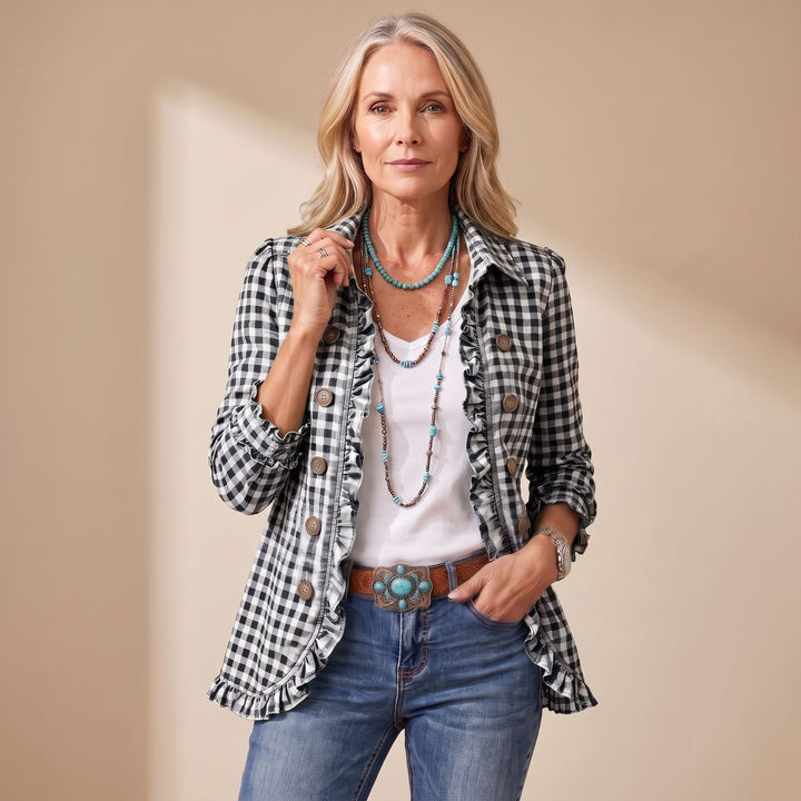Women's Gingham Ruffle-Trim Double-Button Long-Sleeve Jacket - Black