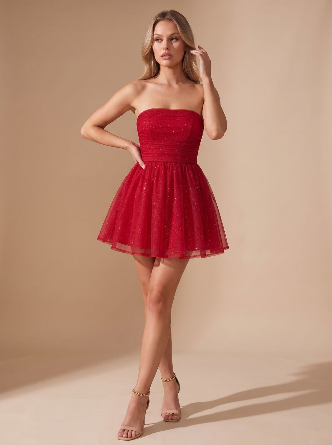 Women's Glitter Pleated Bustier Christmas Party Mini Dress - Red