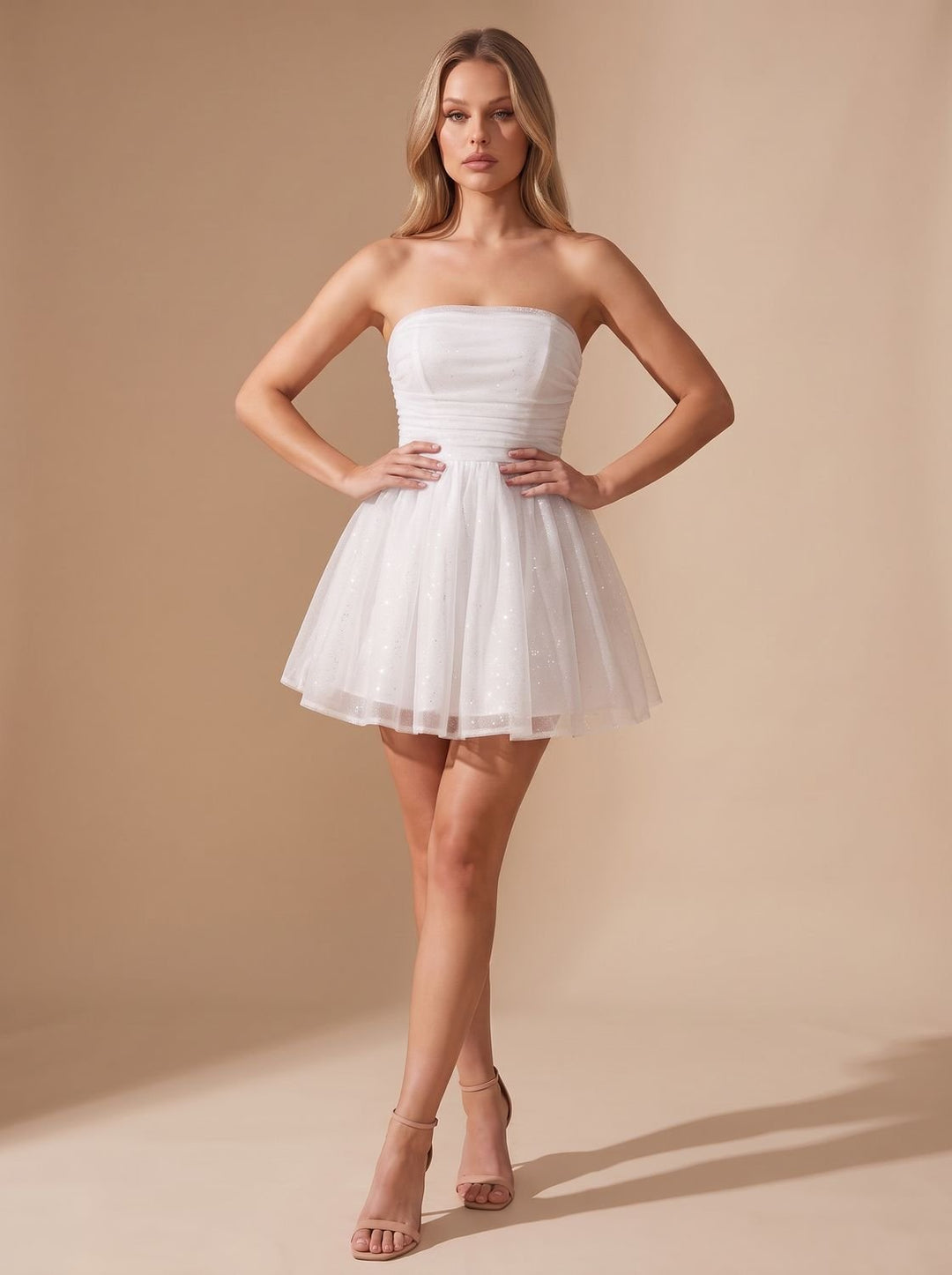 Women's Glitter Pleated Bustier Christmas Party Mini Dress - White