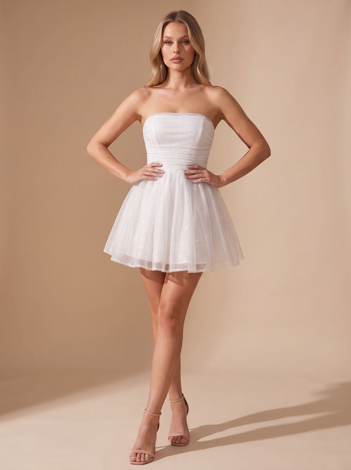 Women's Glitter Pleated Bustier Christmas Party Mini Dress - White