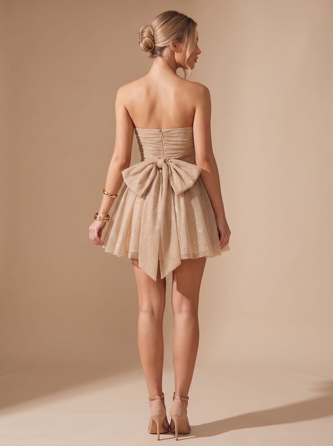 Women's Glitter Pleated Bustier Christmas Party Mini Dress - Gold