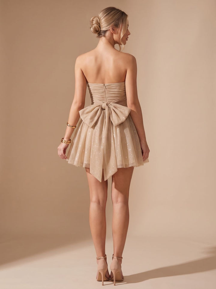 Women's Glitter Pleated Bustier Christmas Party Mini Dress - Gold